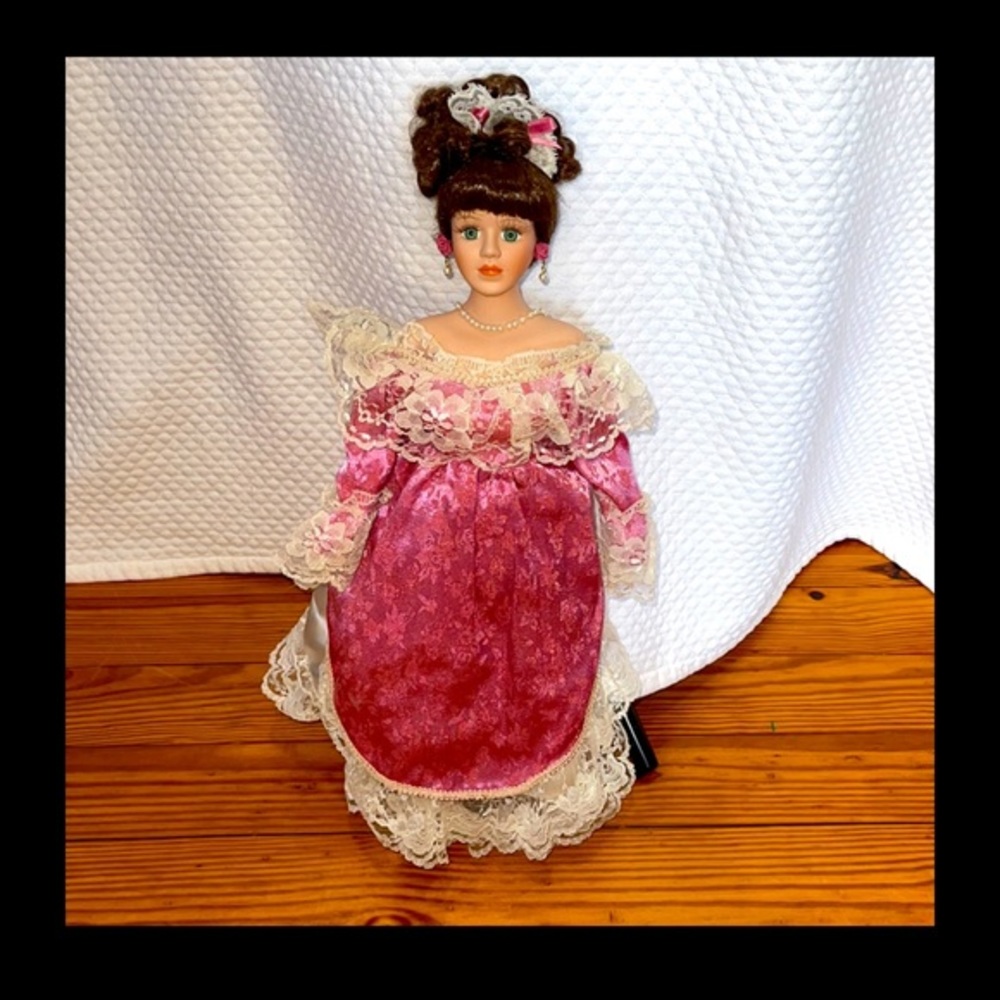 Collections Etc. Co Vintage Porcelain Girl Doll Green Eyes Pink White Dr…